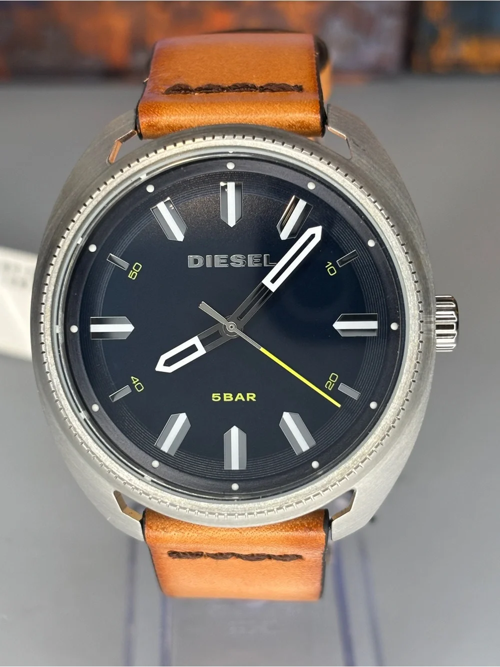 Diesel Black Dial Watch with Tan Leather Strap 43mm